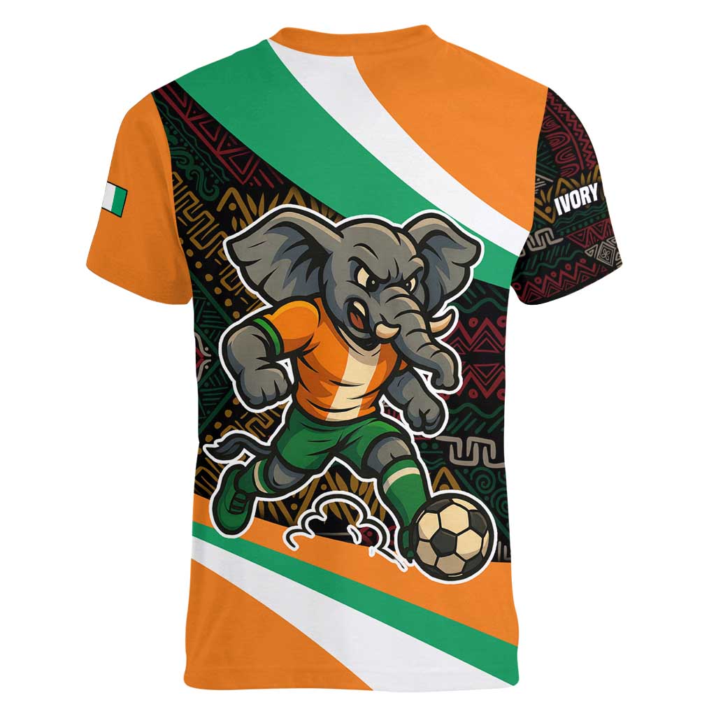 Ivory Coast Women V-Neck T-Shirt with Soccer Elephant and Tribal Pattern Design - Wonder Print Shop