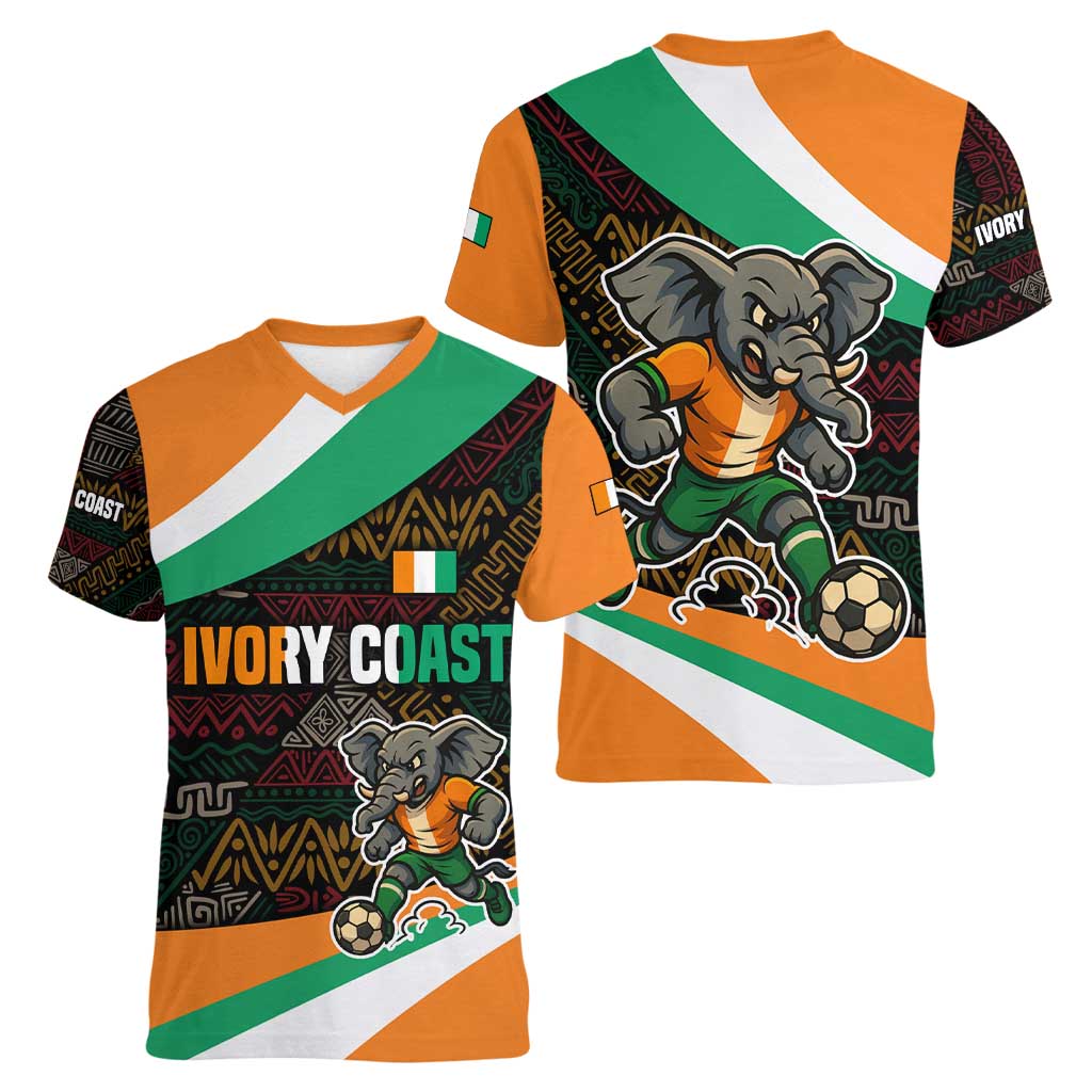 Ivory Coast Women V-Neck T-Shirt with Soccer Elephant and Tribal Pattern Design - Wonder Print Shop