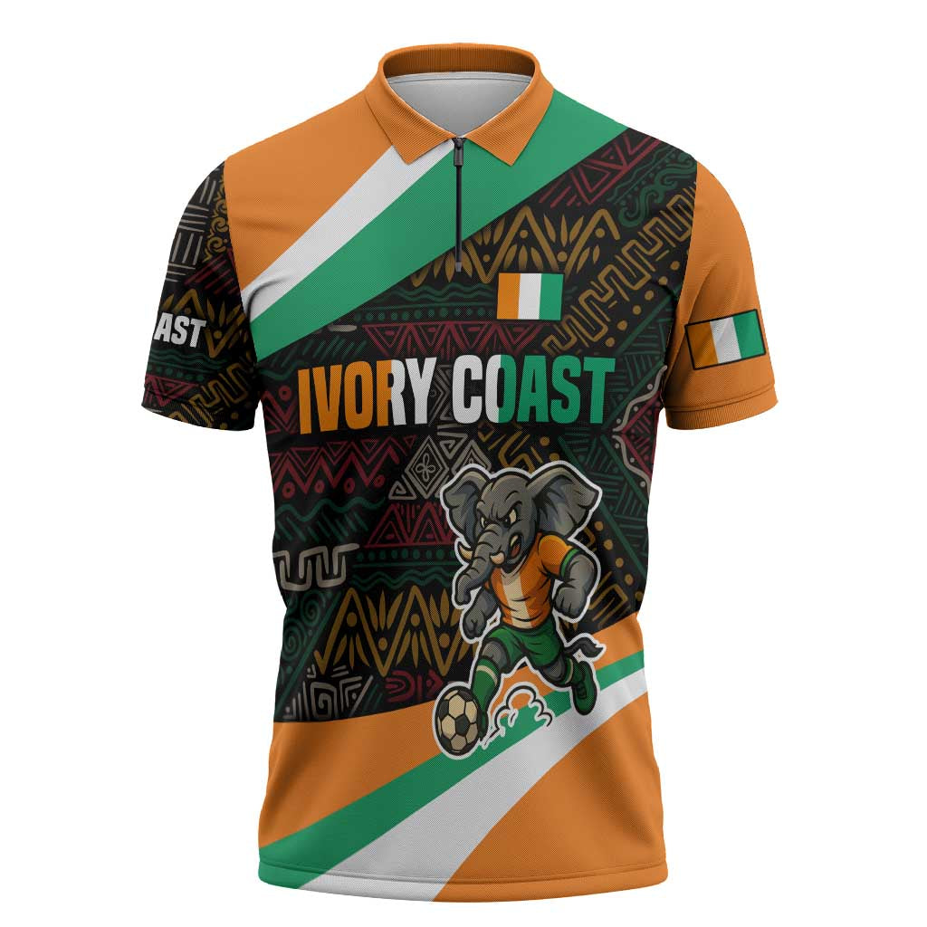 Ivory Coast Zipper Polo Shirt with Soccer Elephant and Tribal Pattern Design - Wonder Print Shop