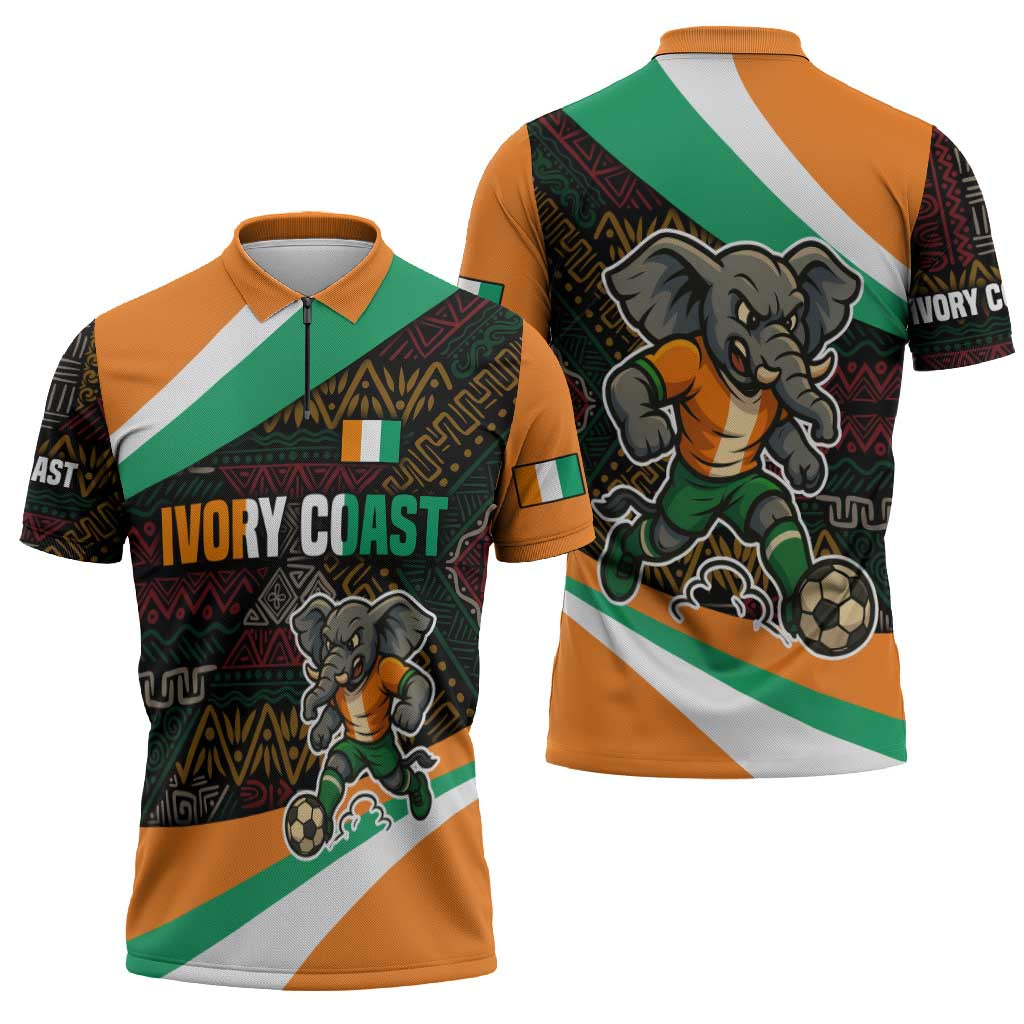 Ivory Coast Zipper Polo Shirt with Soccer Elephant and Tribal Pattern Design - Wonder Print Shop