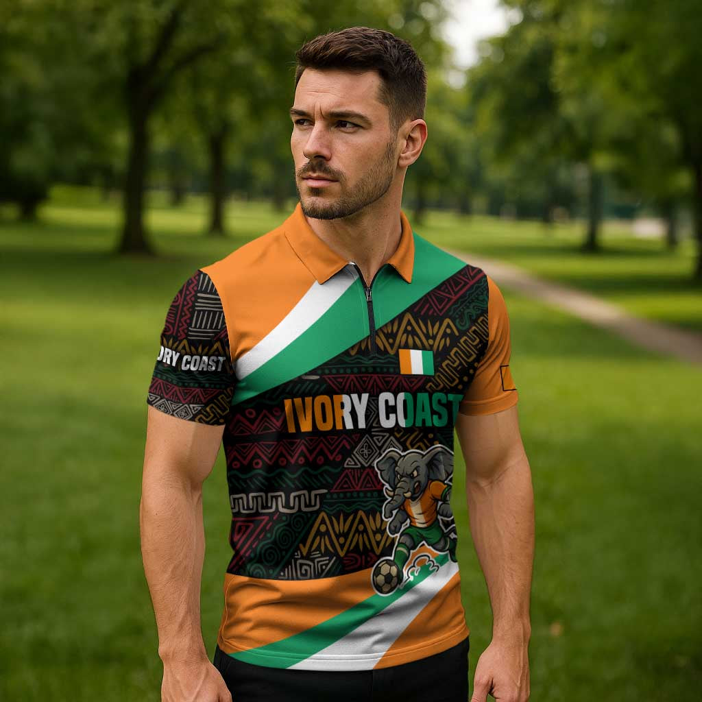 Ivory Coast Zipper Polo Shirt with Soccer Elephant and Tribal Pattern Design - Wonder Print Shop