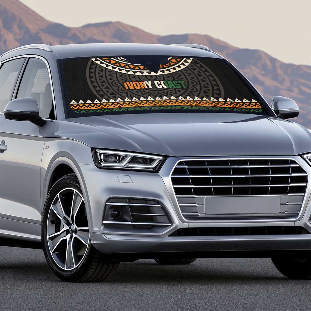 Ivory Coast Auto Sun Shade with Ethnic Geometric Pattern and National Motto Design - Wonder Print Shop