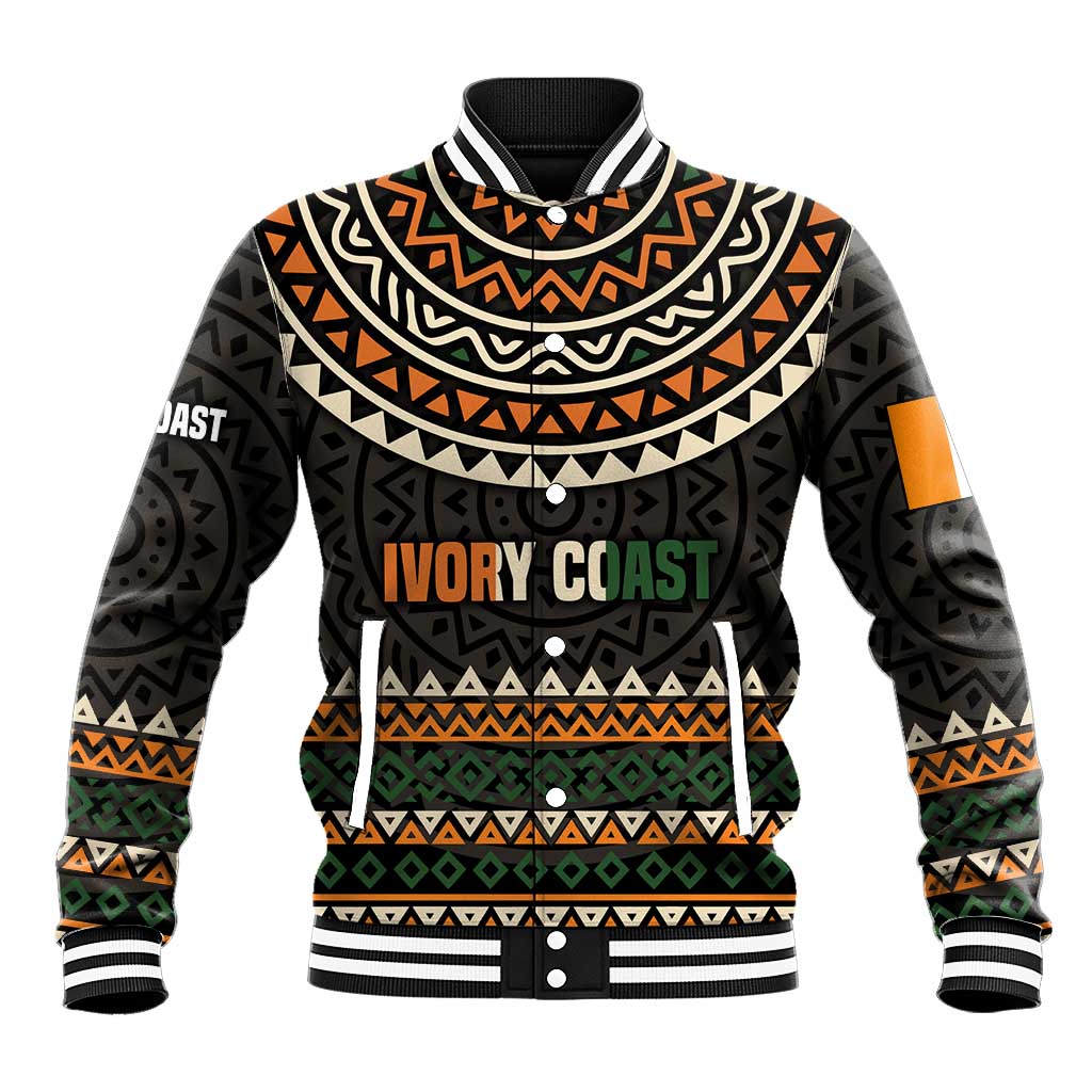 Ivory Coast Baseball Jacket with Ethnic Geometric Pattern and National Motto Design - Wonder Print Shop