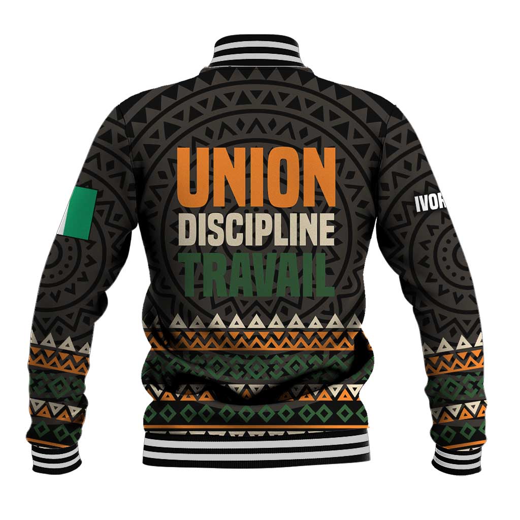 Ivory Coast Baseball Jacket with Ethnic Geometric Pattern and National Motto Design - Wonder Print Shop