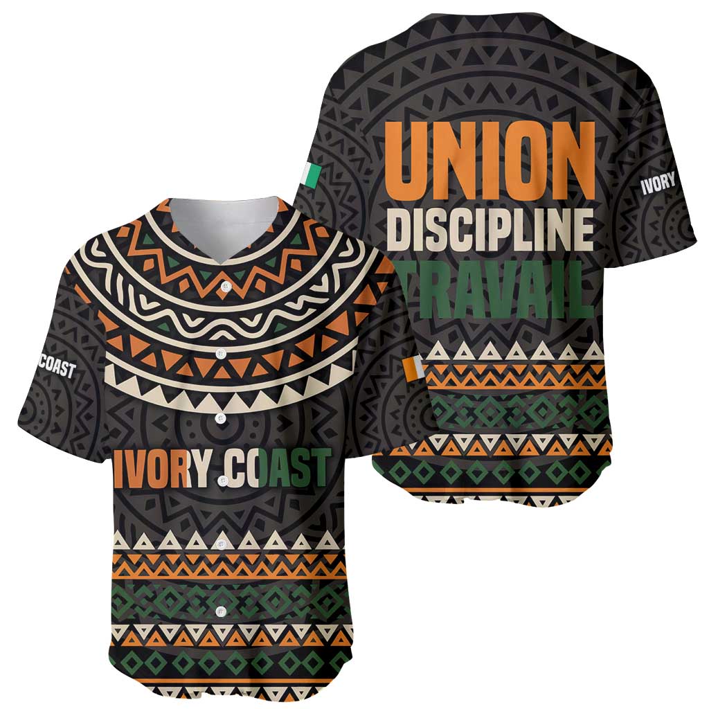 Ivory Coast Baseball Jersey with Ethnic Geometric Pattern and National Motto Design - Wonder Print Shop