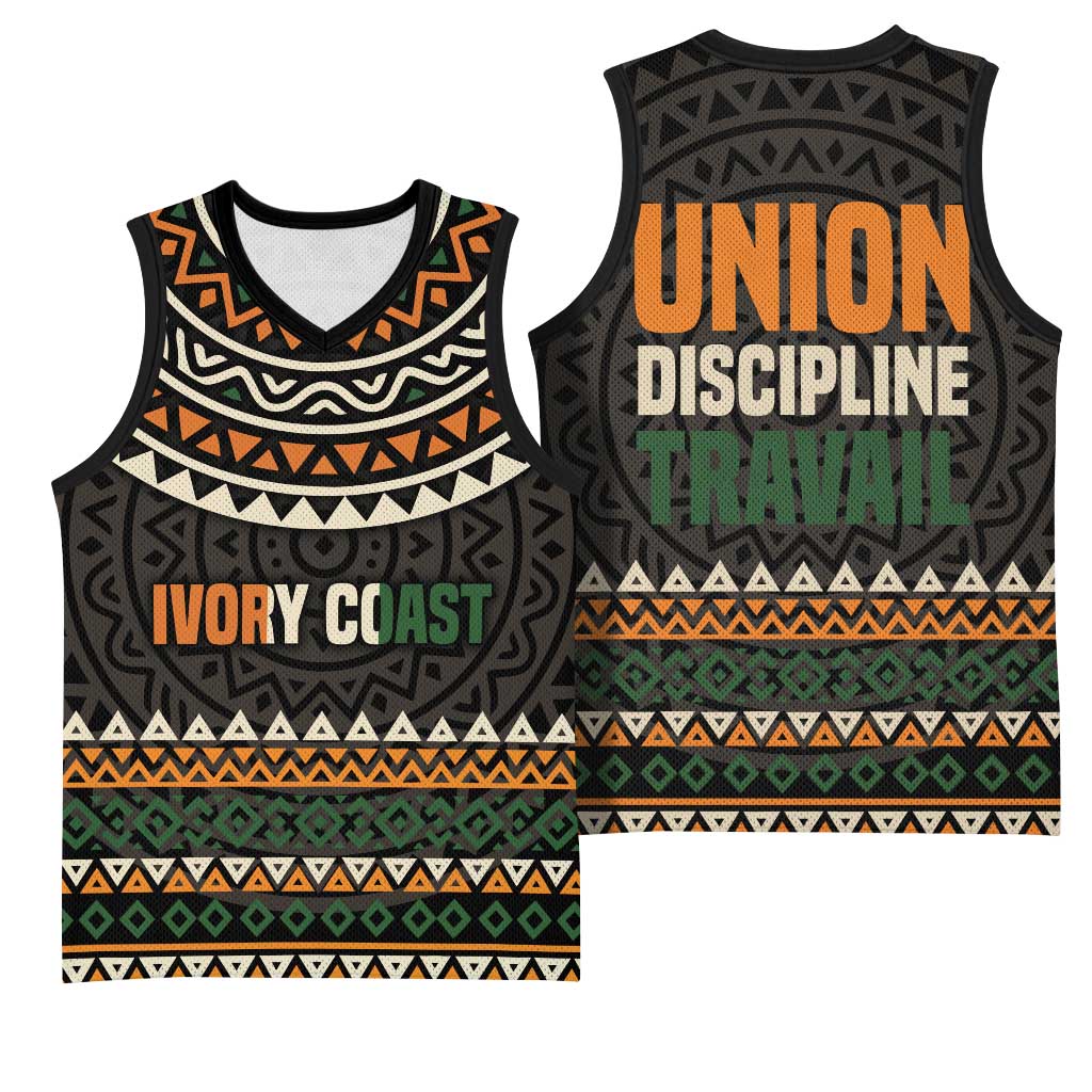 Ivory Coast Basketball Jersey with Ethnic Geometric Pattern and National Motto Design - Wonder Print Shop