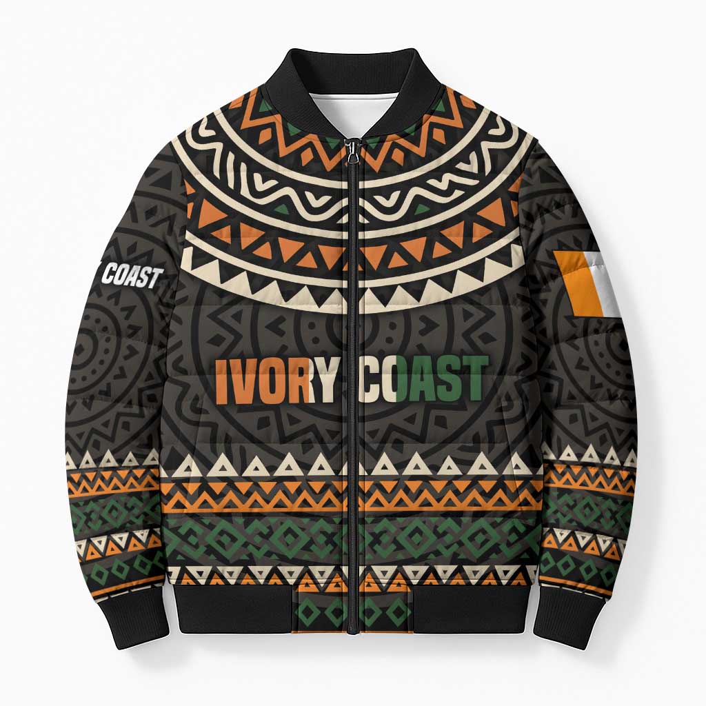 Ivory Coast Bomber Puffer Jacket with Ethnic Geometric Pattern and National Motto Design - Wonder Print Shop