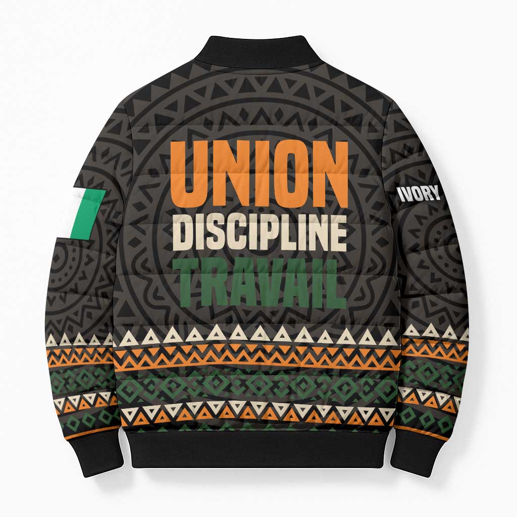 Ivory Coast Bomber Puffer Jacket with Ethnic Geometric Pattern and National Motto Design - Wonder Print Shop