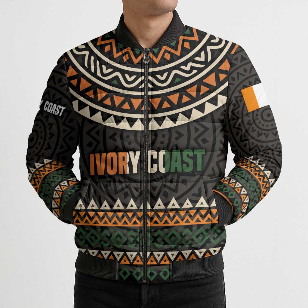 Ivory Coast Bomber Puffer Jacket with Ethnic Geometric Pattern and National Motto Design - Wonder Print Shop