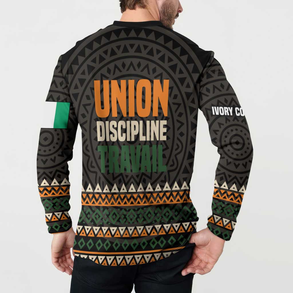Ivory Coast Button Sweatshirt with Ethnic Geometric Pattern and National Motto Design - Wonder Print Shop