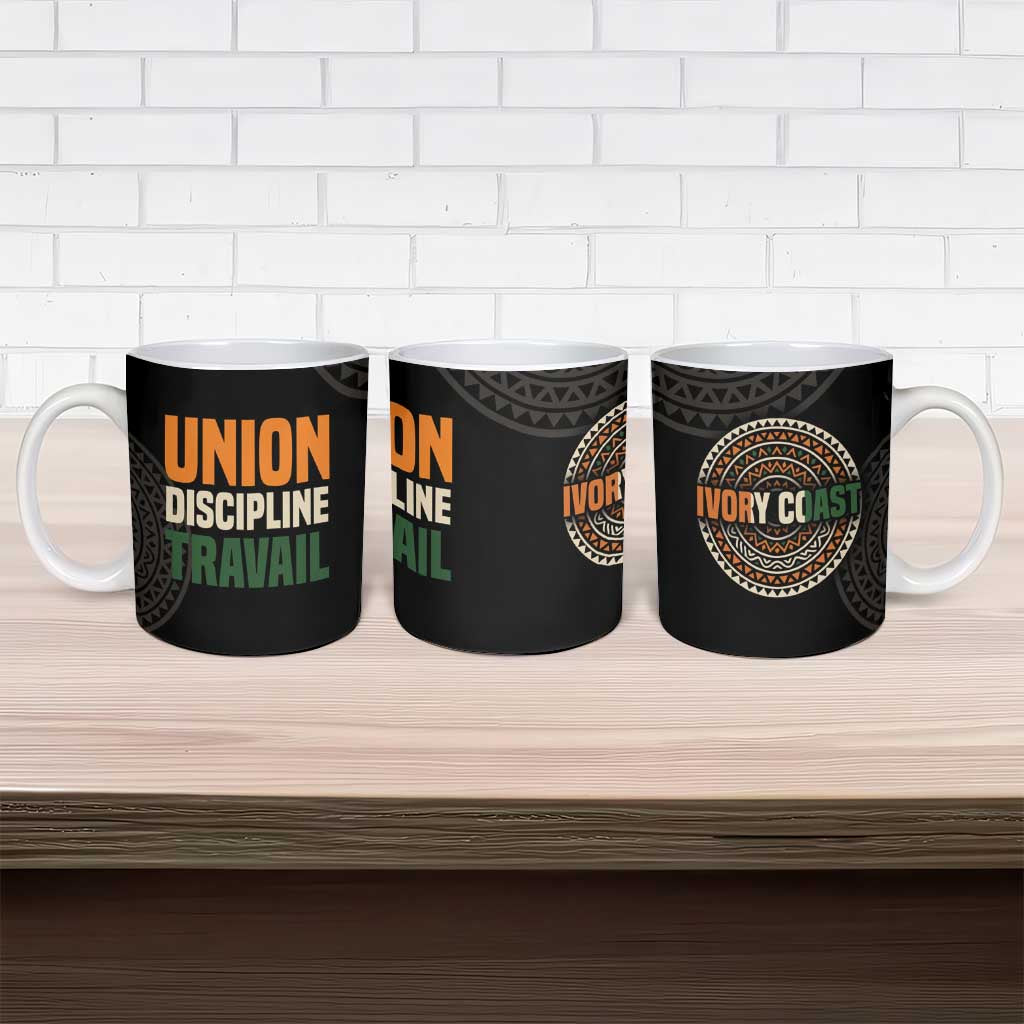 Ivory Coast Ceramic Mug with Ethnic Geometric Pattern and National Motto Design - Wonder Print Shop