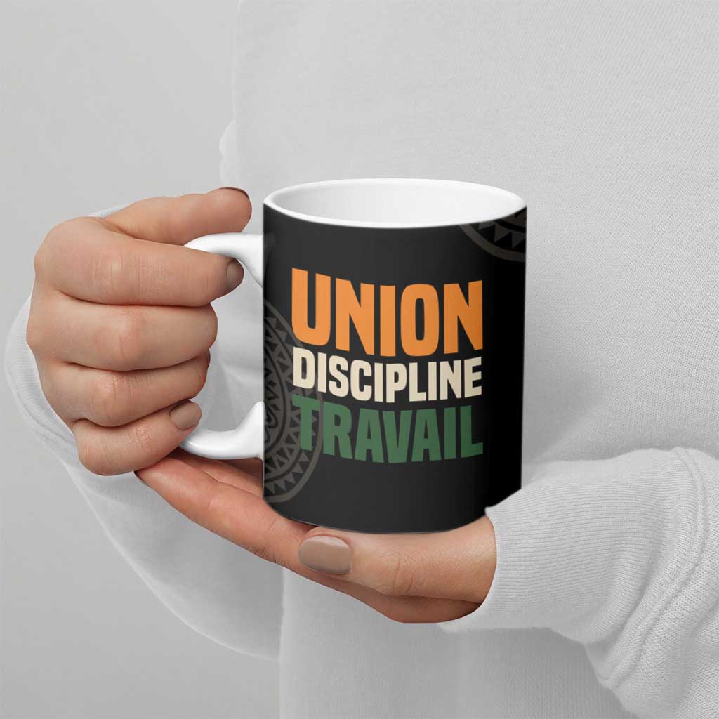 Ivory Coast Ceramic Mug with Ethnic Geometric Pattern and National Motto Design - Wonder Print Shop