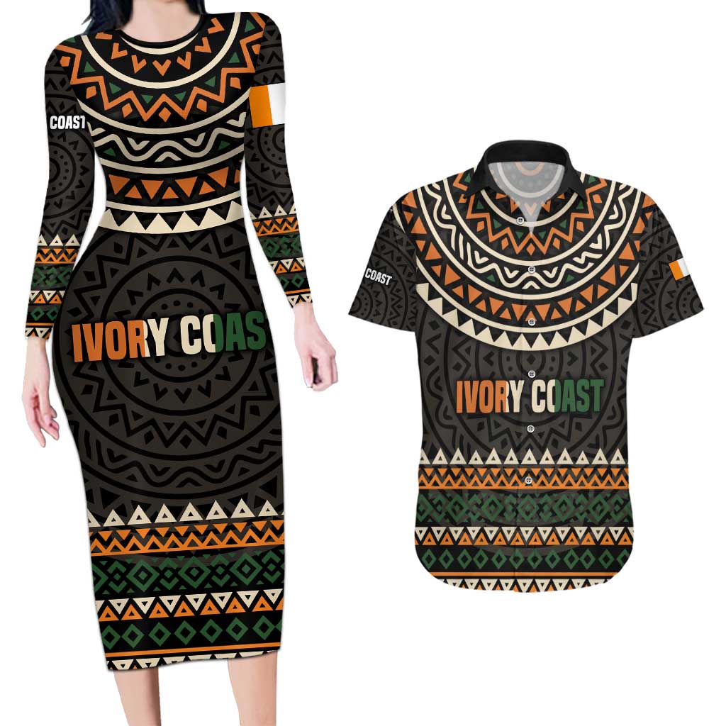 Ivory Coast Couples Matching Long Sleeve Bodycon Dress and Hawaiian Shirt with Ethnic Geometric Pattern and National Motto Design - Wonder Print Shop
