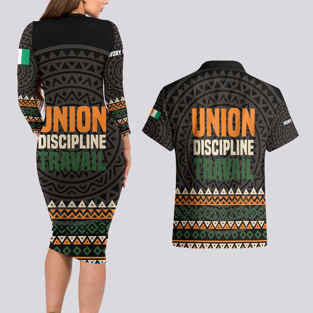 Ivory Coast Couples Matching Long Sleeve Bodycon Dress and Hawaiian Shirt with Ethnic Geometric Pattern and National Motto Design - Wonder Print Shop
