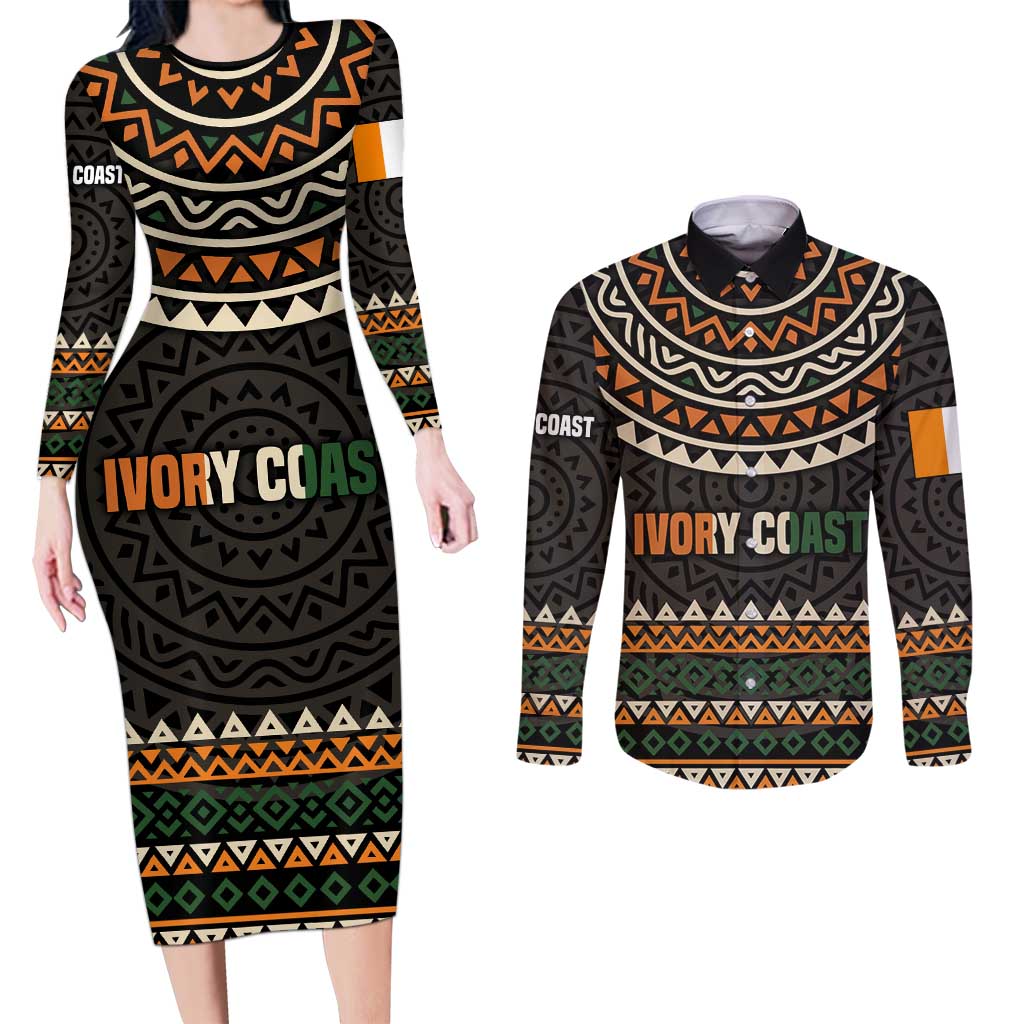 Ivory Coast Couples Matching Long Sleeve Bodycon Dress and Long Sleeve Button Shirt with Ethnic Geometric Pattern and National Motto Design - Wonder Print Shop