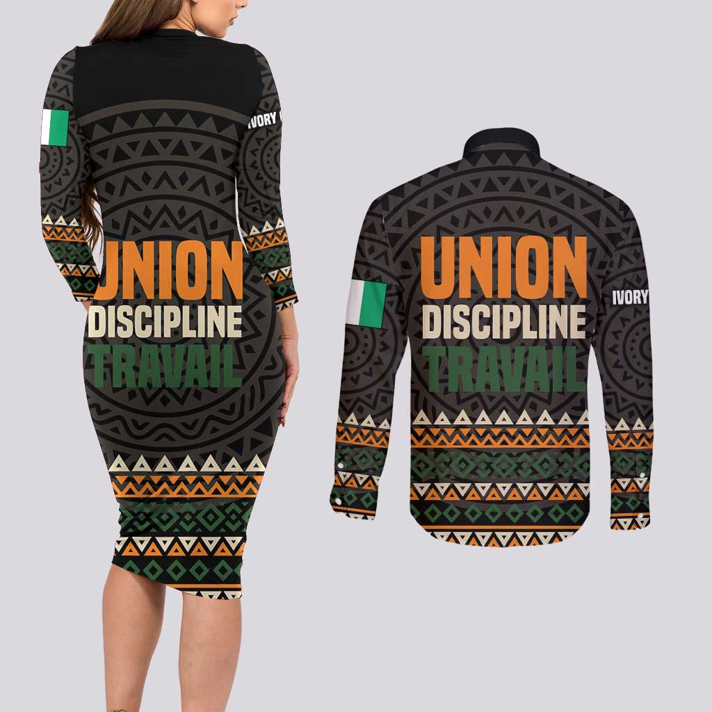 Ivory Coast Couples Matching Long Sleeve Bodycon Dress and Long Sleeve Button Shirt with Ethnic Geometric Pattern and National Motto Design - Wonder Print Shop