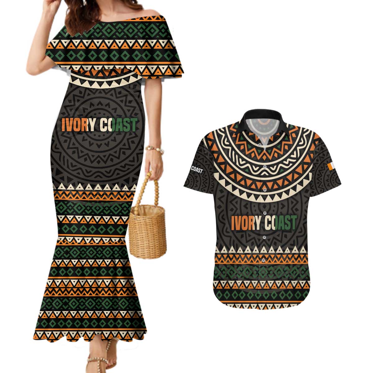 Ivory Coast Couples Matching Mermaid Dress and Hawaiian Shirt with Ethnic Geometric Pattern and National Motto Design - Wonder Print Shop