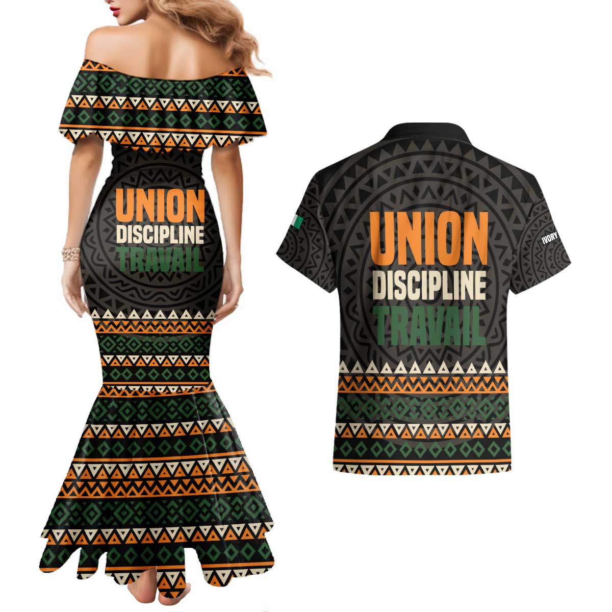 Ivory Coast Couples Matching Mermaid Dress and Hawaiian Shirt with Ethnic Geometric Pattern and National Motto Design - Wonder Print Shop