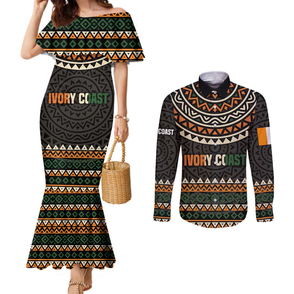 Ivory Coast Couples Matching Mermaid Dress and Long Sleeve Button Shirt with Ethnic Geometric Pattern and National Motto Design - Wonder Print Shop
