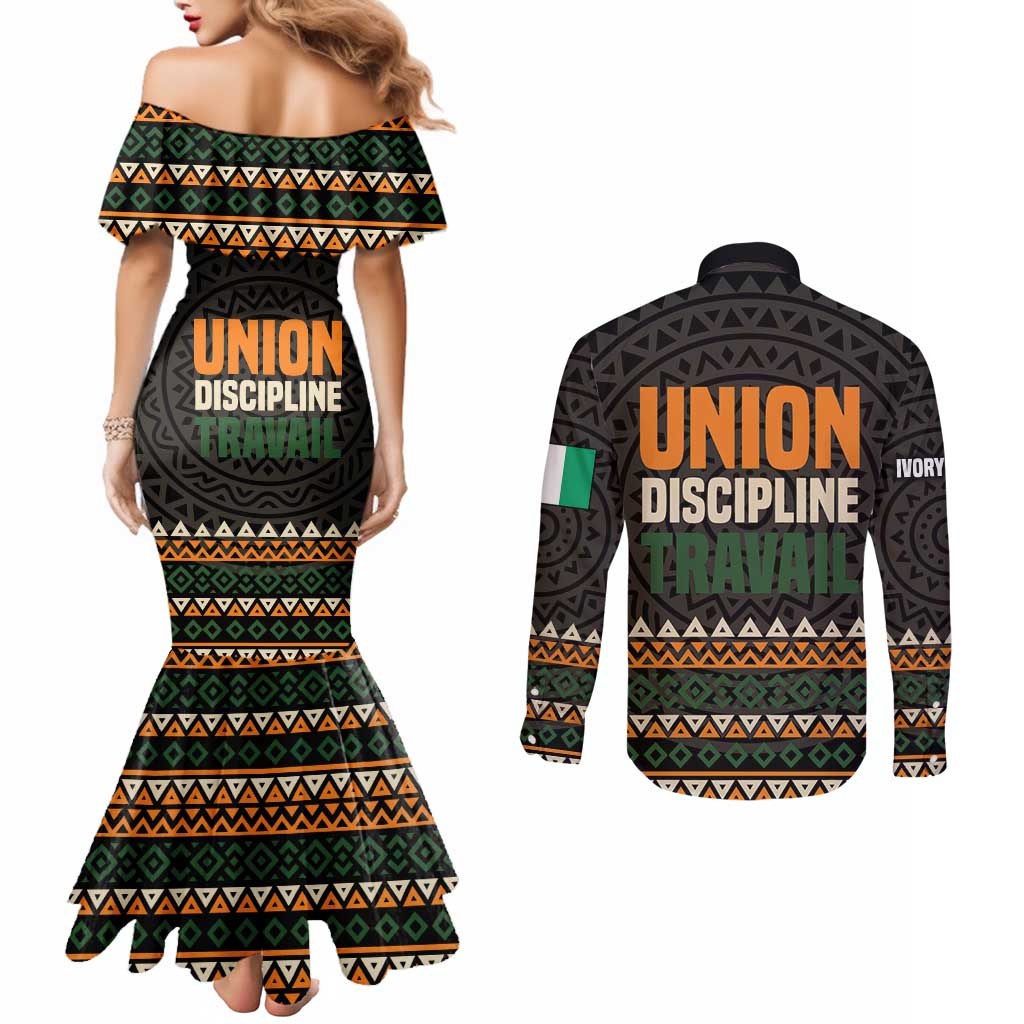 Ivory Coast Couples Matching Mermaid Dress and Long Sleeve Button Shirt with Ethnic Geometric Pattern and National Motto Design - Wonder Print Shop