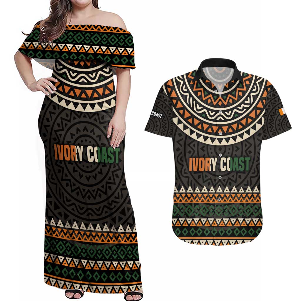 Ivory Coast Couples Matching Off Shoulder Maxi Dress and Hawaiian Shirt with Ethnic Geometric Pattern and National Motto Design - Wonder Print Shop