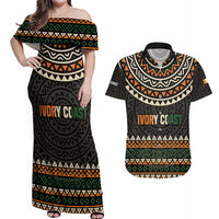 Ivory Coast Couples Matching Off Shoulder Maxi Dress and Hawaiian Shirt with Ethnic Geometric Pattern and National Motto Design - Wonder Print Shop