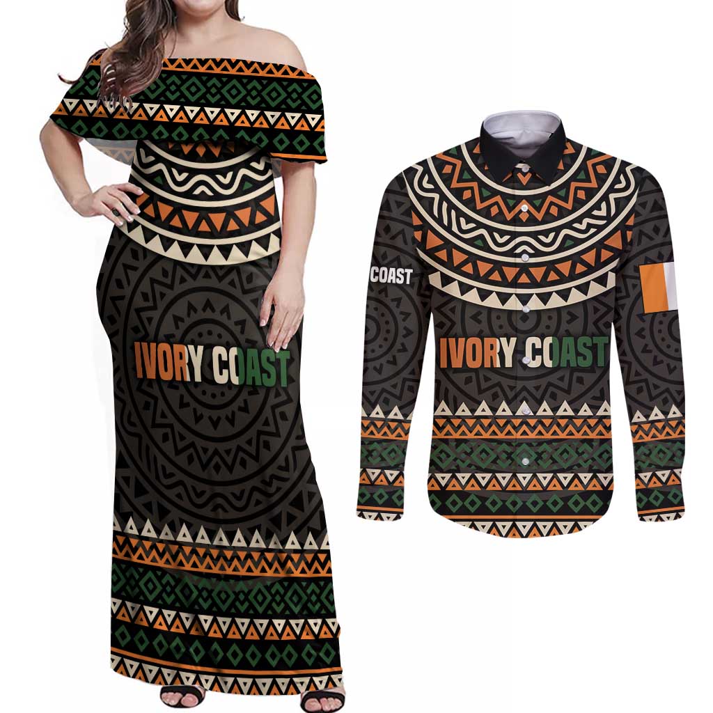 Ivory Coast Couples Matching Off Shoulder Maxi Dress and Long Sleeve Button Shirt with Ethnic Geometric Pattern and National Motto Design - Wonder Print Shop