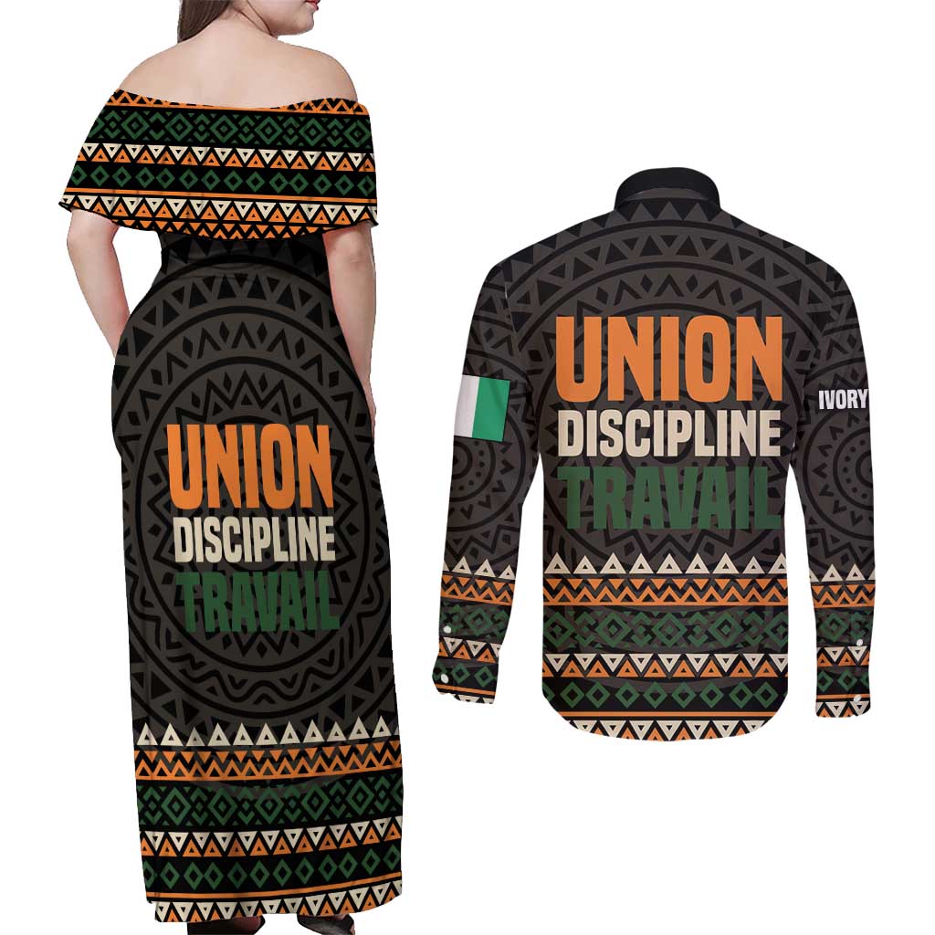 Ivory Coast Couples Matching Off Shoulder Maxi Dress and Long Sleeve Button Shirt with Ethnic Geometric Pattern and National Motto Design - Wonder Print Shop
