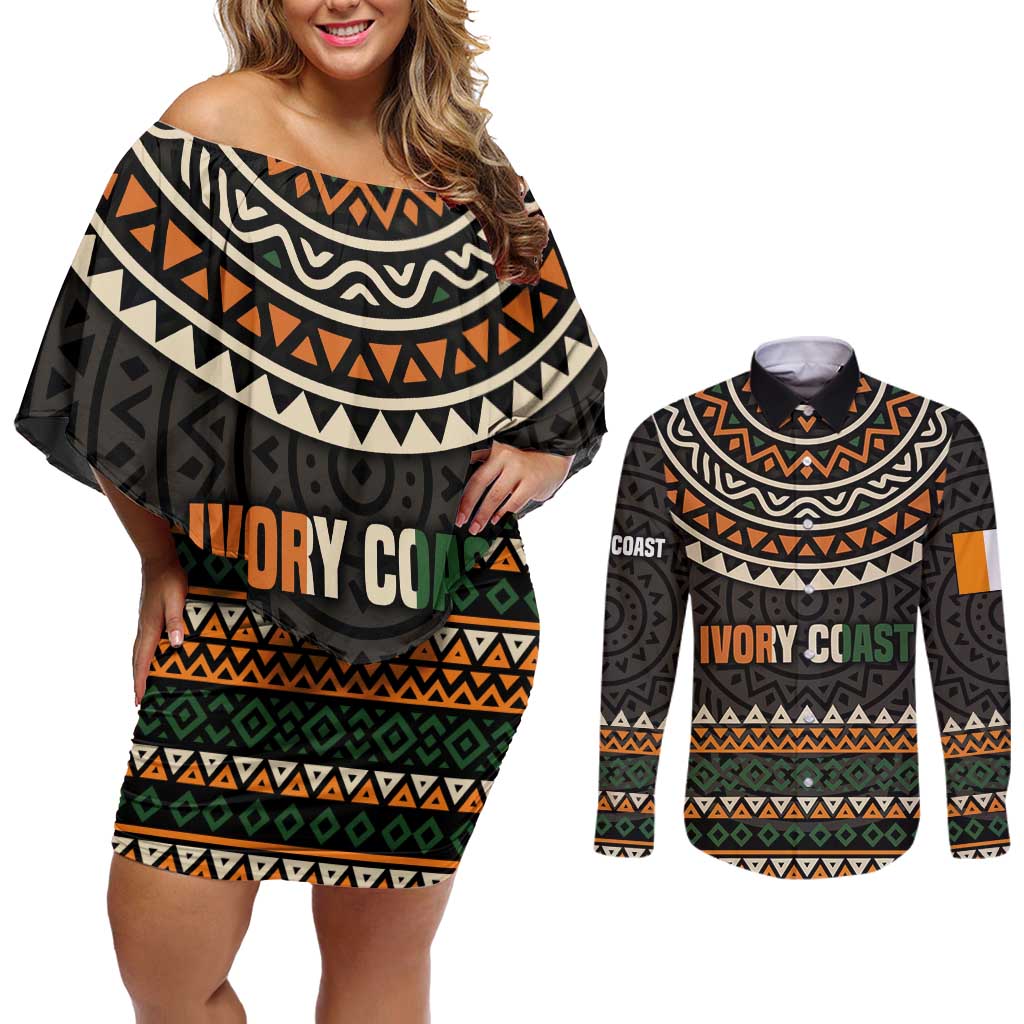Ivory Coast Couples Matching Off Shoulder Short Dress and Long Sleeve Button Shirt with Ethnic Geometric Pattern and National Motto Design - Wonder Print Shop