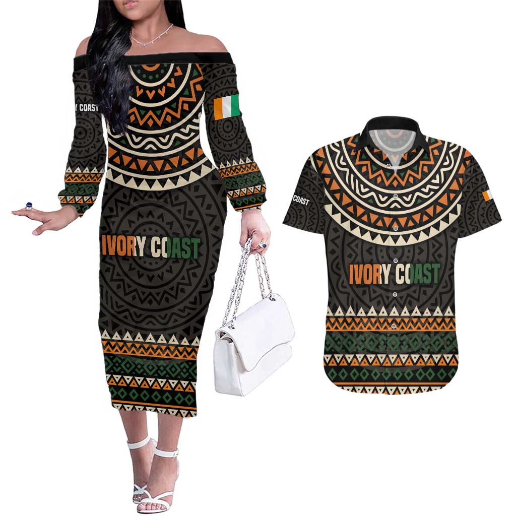 Ivory Coast Couples Matching Off The Shoulder Long Sleeve Dress and Hawaiian Shirt with Ethnic Geometric Pattern and National Motto Design - Wonder Print Shop