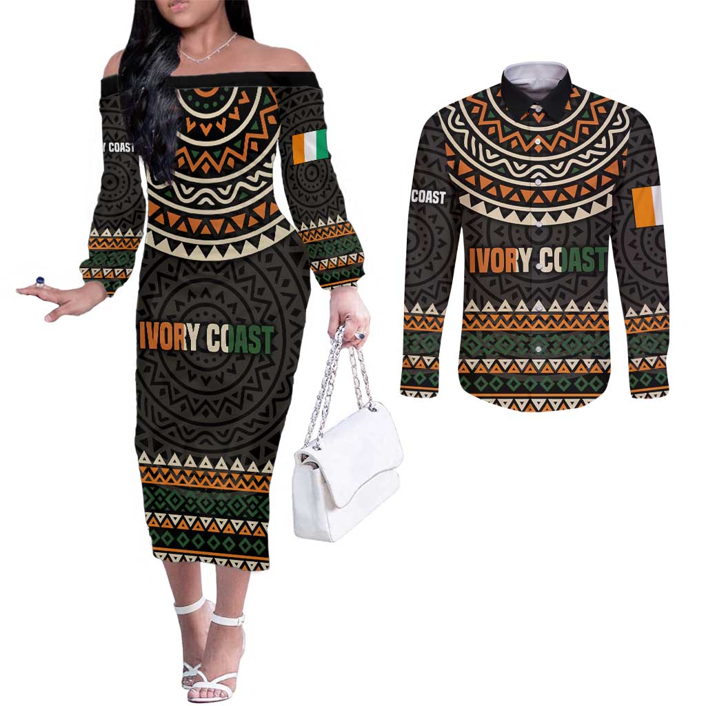 Ivory Coast Couples Matching Off The Shoulder Long Sleeve Dress and Long Sleeve Button Shirt with Ethnic Geometric Pattern and National Motto Design - Wonder Print Shop