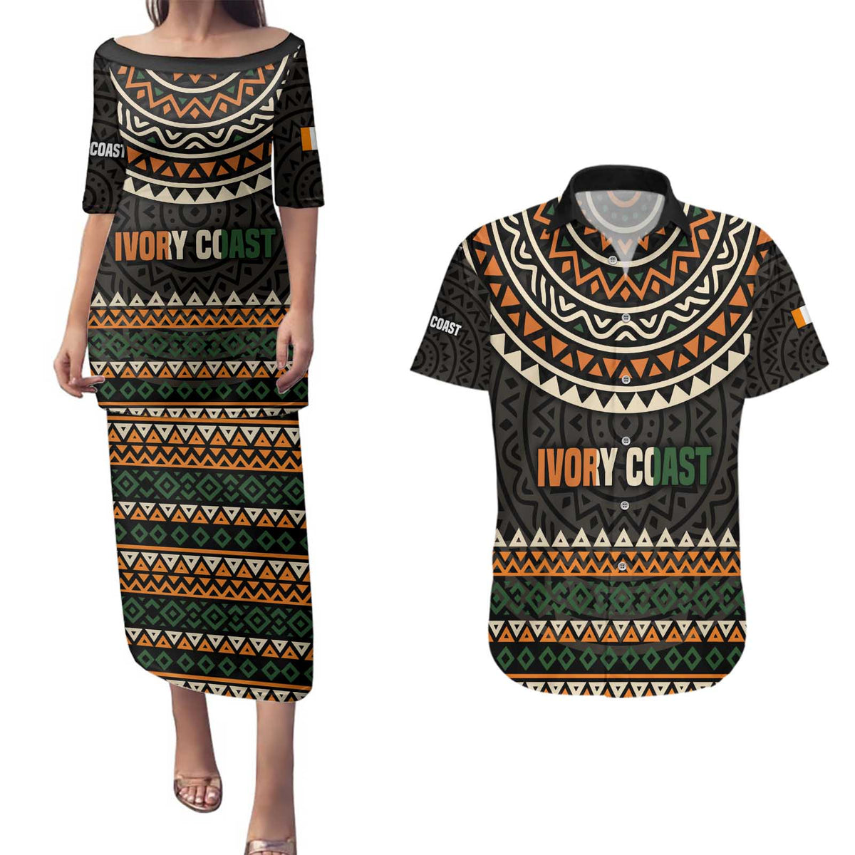 Ivory Coast Couples Matching Puletasi and Hawaiian Shirt with Ethnic Geometric Pattern and National Motto Design - Wonder Print Shop