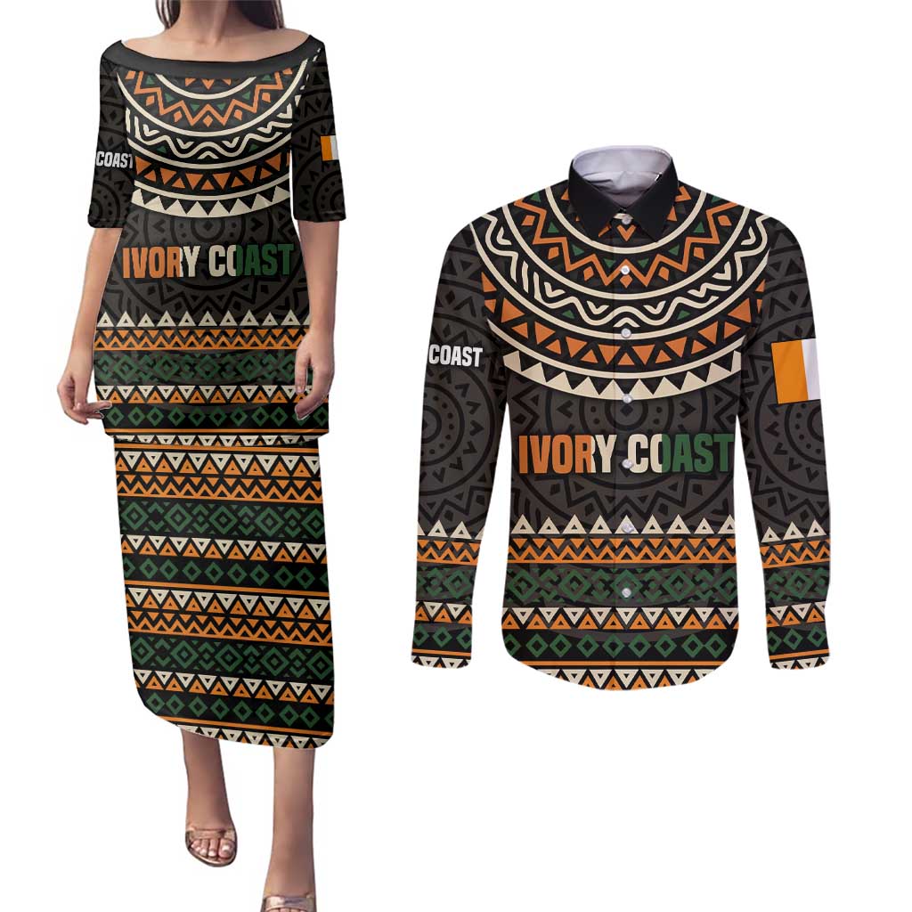 Ivory Coast Couples Matching Puletasi and Long Sleeve Button Shirt with Ethnic Geometric Pattern and National Motto Design - Wonder Print Shop