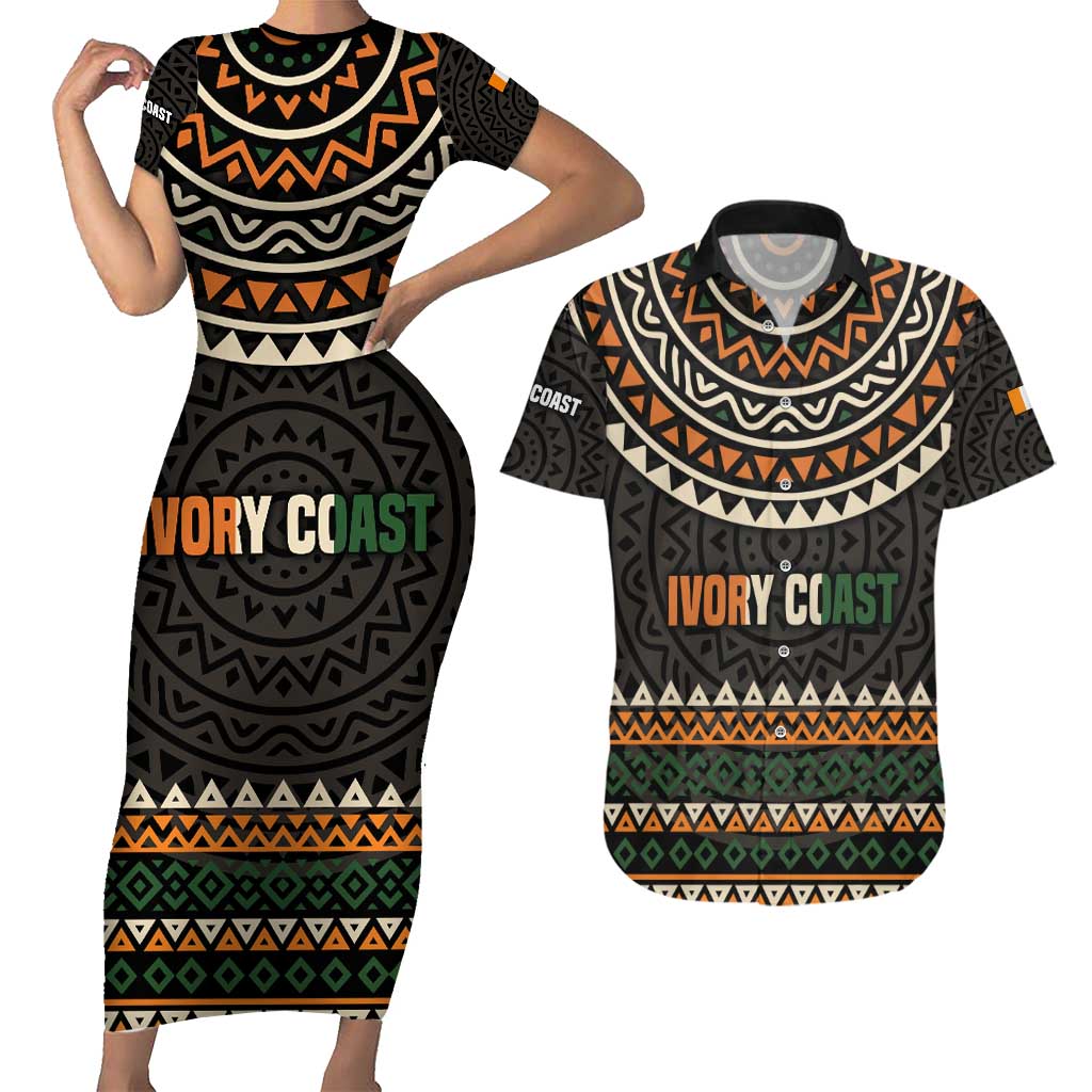 Ivory Coast Couples Matching Short Sleeve Bodycon Dress and Hawaiian Shirt with Ethnic Geometric Pattern and National Motto Design - Wonder Print Shop