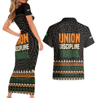 Ivory Coast Couples Matching Short Sleeve Bodycon Dress and Hawaiian Shirt with Ethnic Geometric Pattern and National Motto Design - Wonder Print Shop