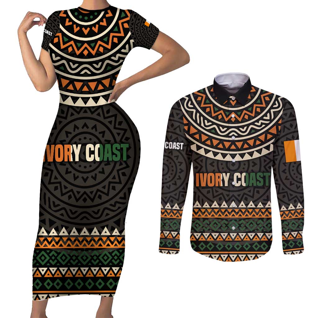 Ivory Coast Couples Matching Short Sleeve Bodycon Dress and Long Sleeve Button Shirt with Ethnic Geometric Pattern and National Motto Design - Wonder Print Shop