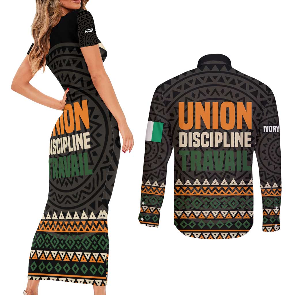 Ivory Coast Couples Matching Short Sleeve Bodycon Dress and Long Sleeve Button Shirt with Ethnic Geometric Pattern and National Motto Design - Wonder Print Shop