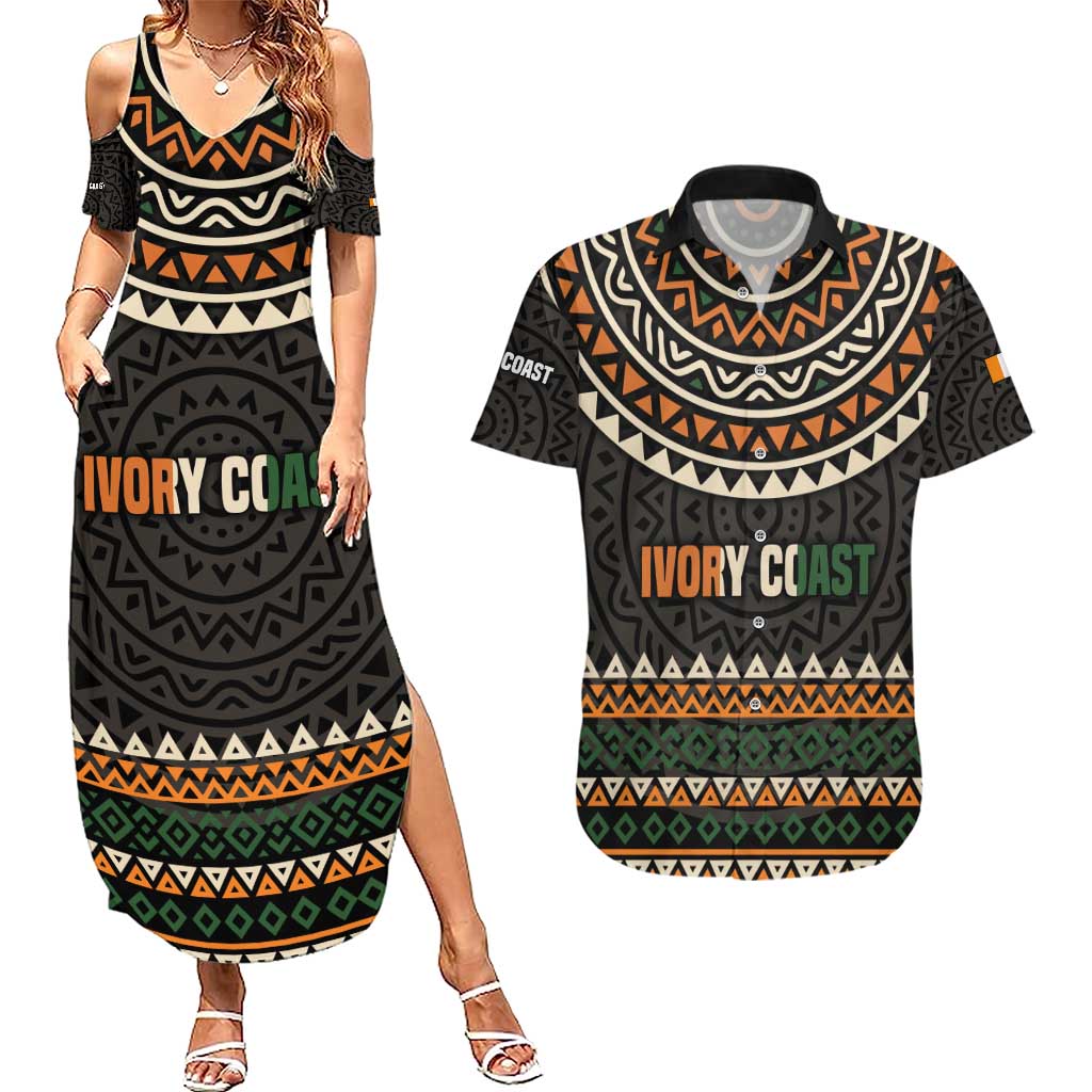 Ivory Coast Couples Matching Summer Maxi Dress and Hawaiian Shirt with Ethnic Geometric Pattern and National Motto Design - Wonder Print Shop