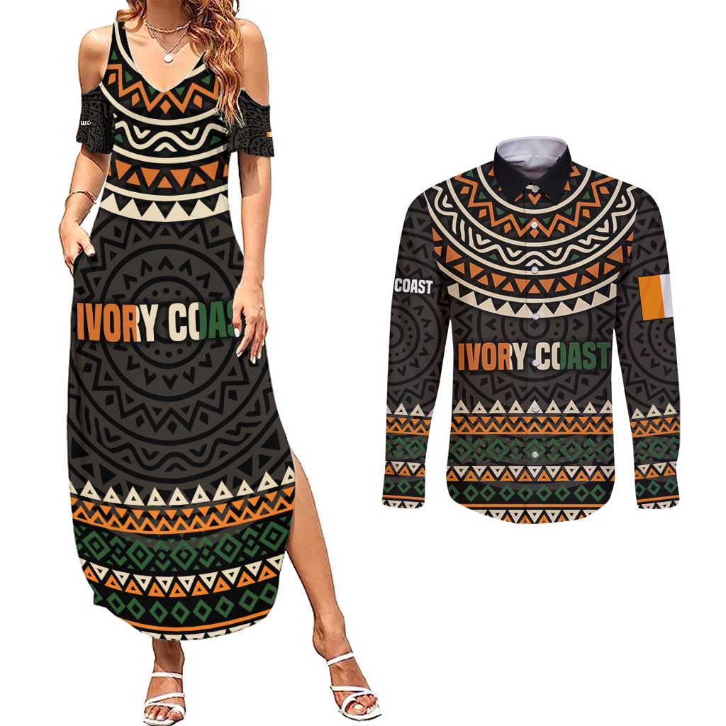Ivory Coast Couples Matching Summer Maxi Dress and Long Sleeve Button Shirt with Ethnic Geometric Pattern and National Motto Design - Wonder Print Shop