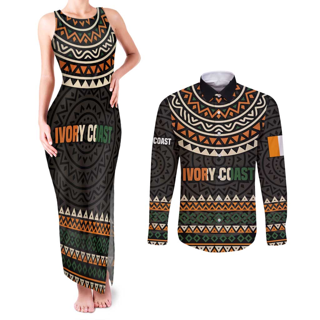 Ivory Coast Couples Matching Tank Maxi Dress and Long Sleeve Button Shirt with Ethnic Geometric Pattern and National Motto Design - Wonder Print Shop