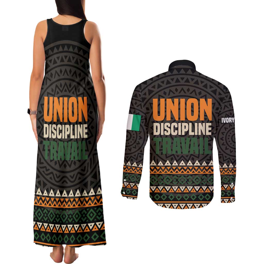 Ivory Coast Couples Matching Tank Maxi Dress and Long Sleeve Button Shirt with Ethnic Geometric Pattern and National Motto Design - Wonder Print Shop