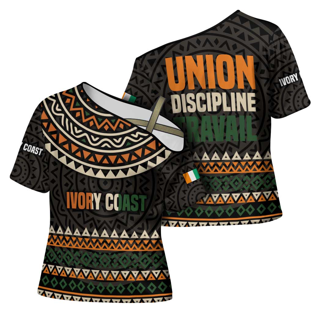 Ivory Coast Cross Shoulder Shirt with Ethnic Geometric Pattern and National Motto Design - Wonder Print Shop