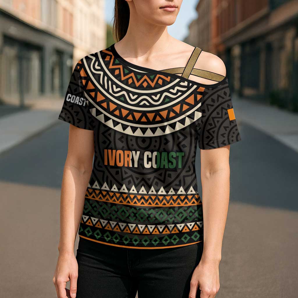 Ivory Coast Cross Shoulder Shirt with Ethnic Geometric Pattern and National Motto Design - Wonder Print Shop