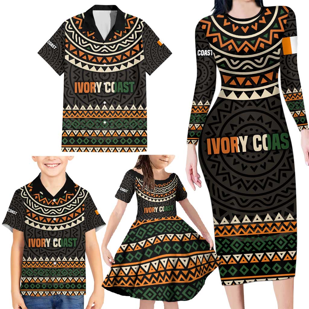 Ivory Coast Family Matching Long Sleeve Bodycon Dress and Hawaiian Shirt with Ethnic Geometric Pattern and National Motto Design - Wonder Print Shop