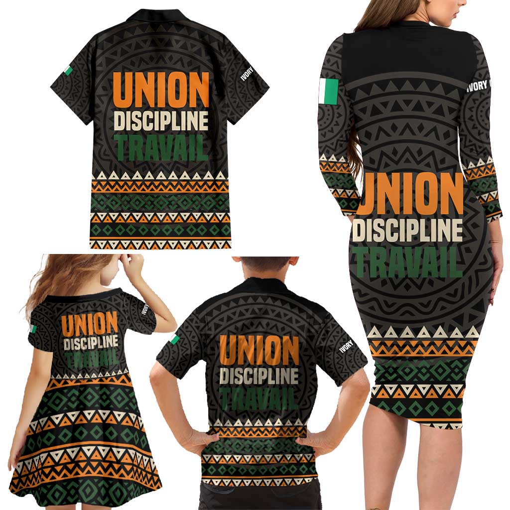 Ivory Coast Family Matching Long Sleeve Bodycon Dress and Hawaiian Shirt with Ethnic Geometric Pattern and National Motto Design - Wonder Print Shop