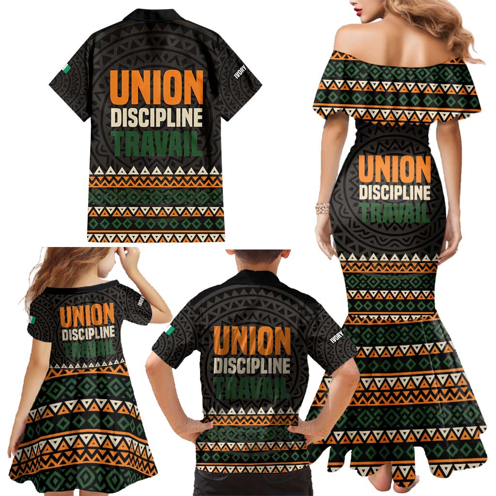 Ivory Coast Family Matching Mermaid Dress and Hawaiian Shirt with Ethnic Geometric Pattern and National Motto Design - Wonder Print Shop