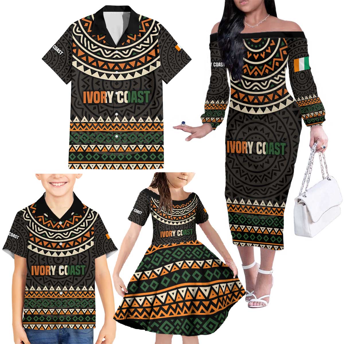 Ivory Coast Family Matching Off The Shoulder Long Sleeve Dress and Hawaiian Shirt with Ethnic Geometric Pattern and National Motto Design - Wonder Print Shop