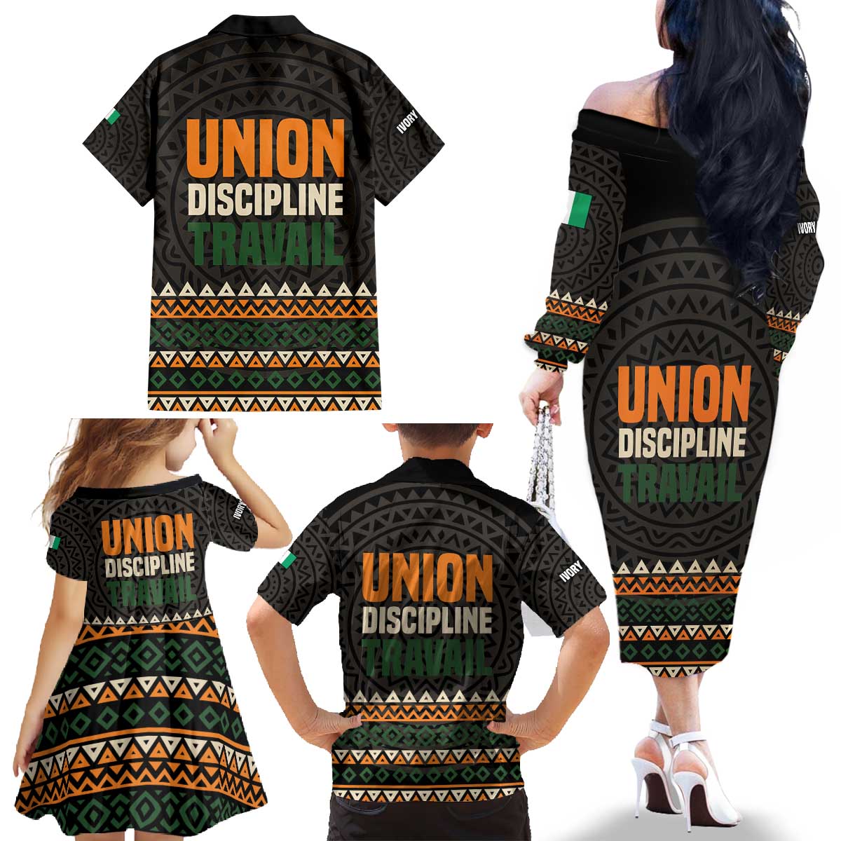 Ivory Coast Family Matching Off The Shoulder Long Sleeve Dress and Hawaiian Shirt with Ethnic Geometric Pattern and National Motto Design - Wonder Print Shop