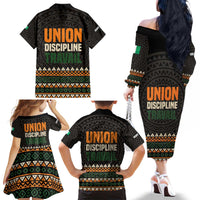 Ivory Coast Family Matching Off The Shoulder Long Sleeve Dress and Hawaiian Shirt with Ethnic Geometric Pattern and National Motto Design - Wonder Print Shop