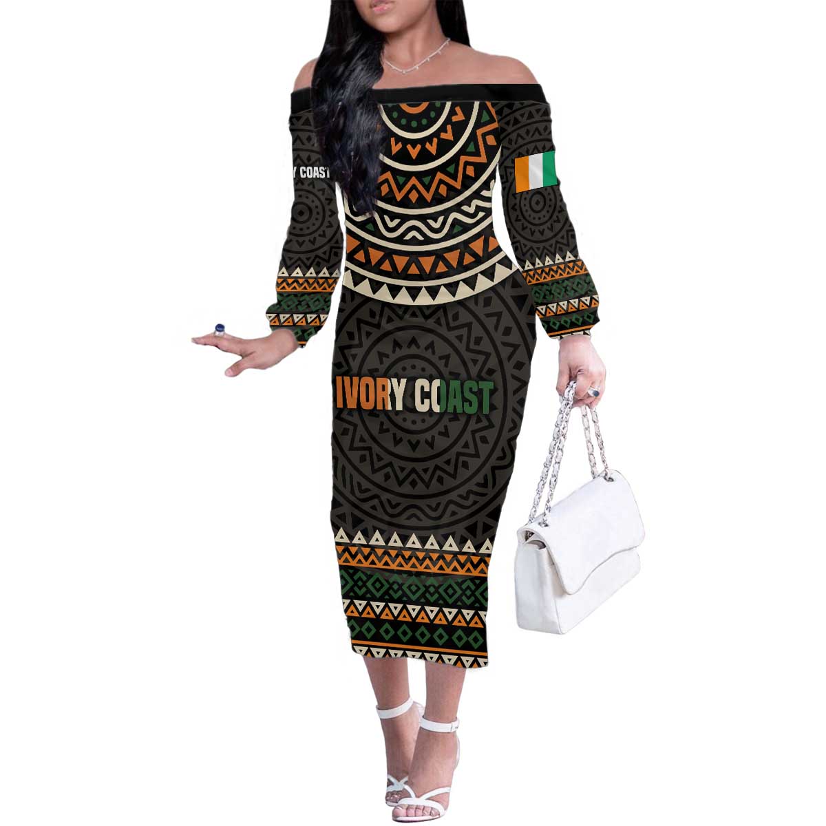 Ivory Coast Family Matching Off The Shoulder Long Sleeve Dress and Hawaiian Shirt with Ethnic Geometric Pattern and National Motto Design - Wonder Print Shop